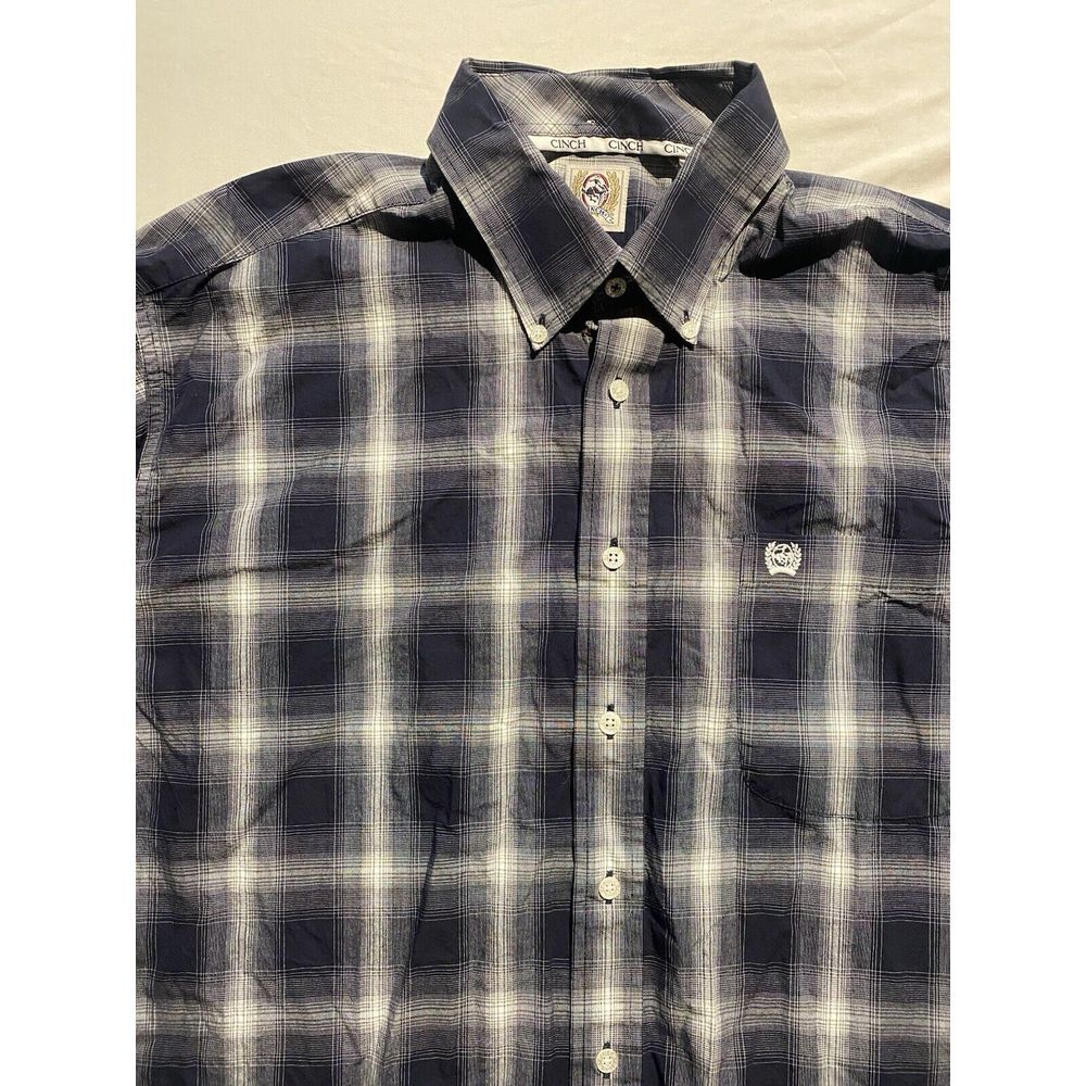 Cinch mens L 100% Cotton Navy Blue Checked Short sleeve‎ button down shirt Rodeo